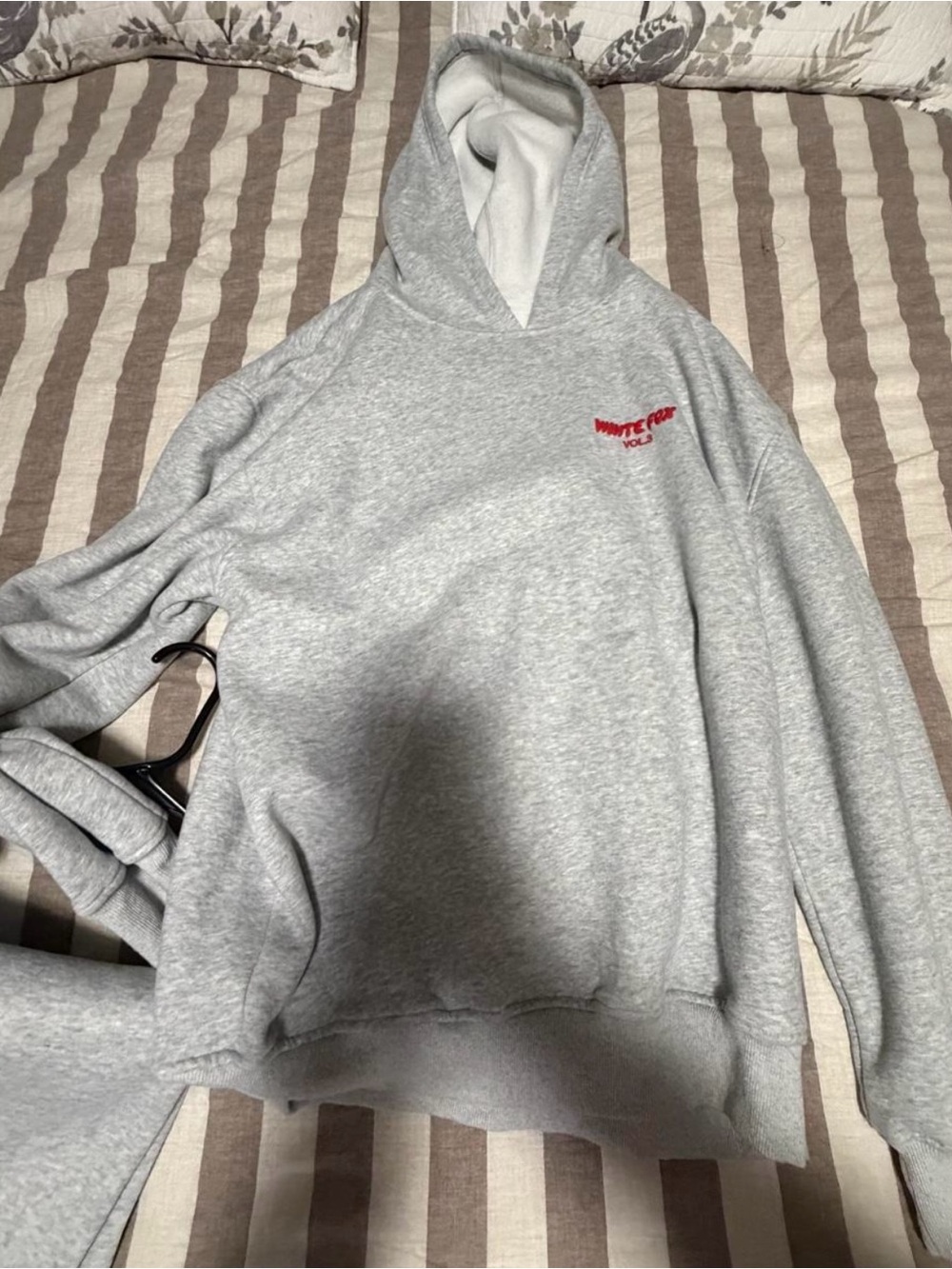 White Fox Boutique Gray Hooded Sweatshirt with Red Script Logo